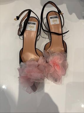 Moschino Black Sandal Heels with Pink Floral Appliqué